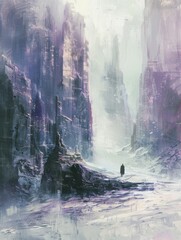 Futuristic landscape. Frozen movement, the figure of a man in a cloak in the distance, a fantasy world.