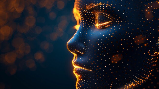 3d virtual human face formed by glowing dots waves network isolated on dark blue technology style background with copy space. - Powered by Adobe