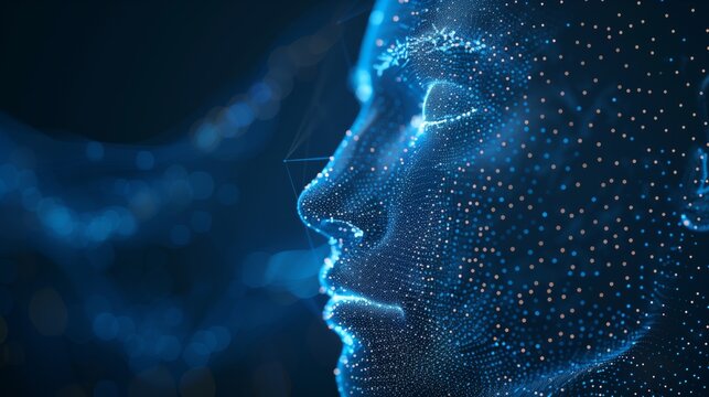 3d virtual human face formed by glowing dots waves network isolated on dark blue technology style background with copy space.