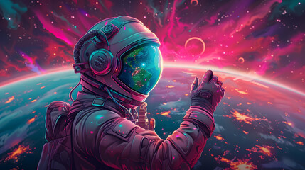 An astronaut with a reflection of Earth in the helmet visor is set against a breathtaking nebula, embodying the vastness of space exploration - obrazy, fototapety, plakaty