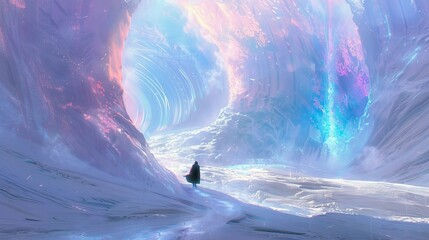 Futuristic landscape. Frozen movement, the figure of a man in a cloak in the distance, a fantasy world. - obrazy, fototapety, plakaty