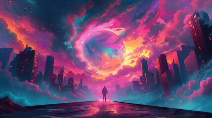 Silhouette of a person standing against a surreal cityscape under a swirling, colorful cosmic sky