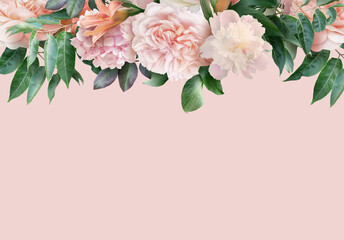 Floral banner, header with copy space. Pink roses, peony, lily isolated on pastel background. Natural flowers wallpaper or greeting card.