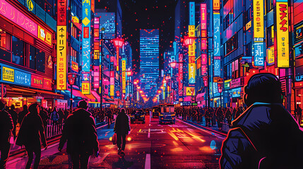 Crowded streets illuminated by neon signs and billboards in a Japanese city's vibrant nightlife scene