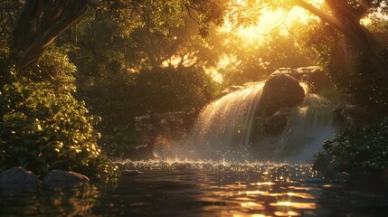 A majestic waterfall cascading in the heart of an Asian forest, illuminated by the warm hues of a sunset. The rushing water creates a mesmerizing sight against the backdrop of lush greenery. - 783292882