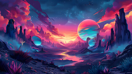 Illustration of an alien landscape with vibrant pink sunset, rock formations, and a serene river under a starry sky