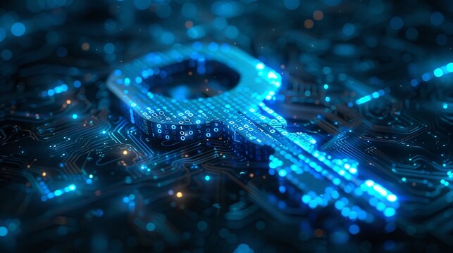 Digital key shimmering with blue binary code unlocking the gateway to advanced encryption