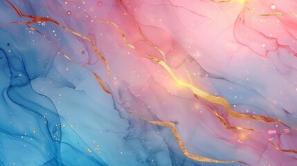 Abstract watercolor paint background illustration - Soft pastel pink blue color and golden lines, with liquid fluid marbled paper texture
