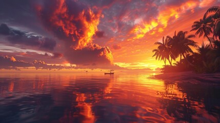 The sun sets beautifully over the ocean and Island, casting vibrant hues of orange and pink across the sky. Palm trees silhouette against the colorful backdrop, adding a tropical touch to the scene.