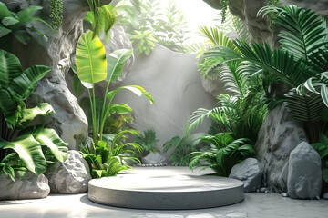 Round cement base in the middle of a simulated garden, Generative AI
