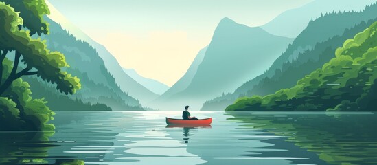 A man propels a red canoe across a serene lake, with majestic mountains in the backdrop