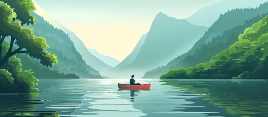 Foto op Canvas A man propels a red canoe across a serene lake, with majestic mountains in the backdrop © AkuAku
