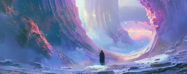 Fotobehang Futuristic landscape. Frozen movement, the figure of a man in a cloak in the distance, a fantasy world. © Yahor Shylau 