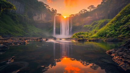 A large waterfall cascades down rocky cliffs as the sun sets in the background, casting a warm glow...