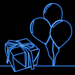 Gift box with balloons helium floating icon neon glow vector illustration concept