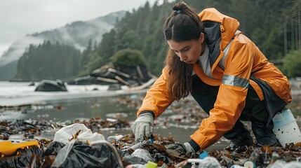 Witness a volunteer cleaning garbage on a muddy beach, restoring nature's beauty. Let's unite for a cleaner, greener world!