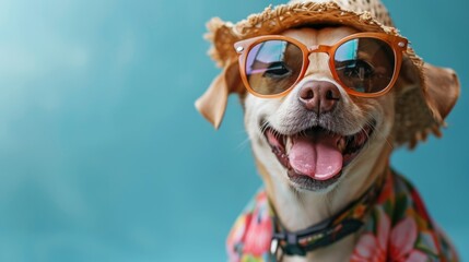 An adorable smiling dog wears hat with sunglasses on top and Hawaii dress for summer season on blue background.