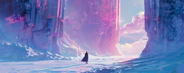 Futuristic landscape. Frozen movement, the figure of a man in a cloak in the distance, a fantasy world. - obrazy, fototapety, plakaty