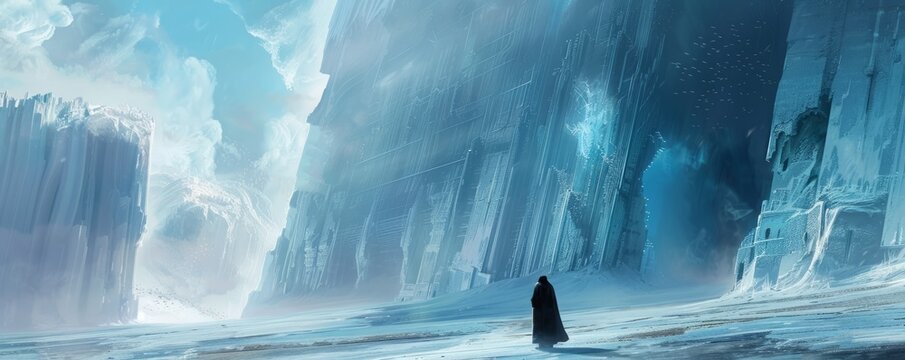 Futuristic landscape. Frozen movement, the figure of a man in a cloak in the distance, a fantasy world.