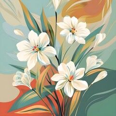 Obraz premium Vector flowers illustration, white flowers, modern art, art deco. vintage ditsy print with large white flower background. Cute botanical design. hand drawn wild flowers, herbs, leaves on a dark field.