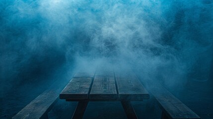 Empty wooden table enveloped in swirling smoke against a dark mysterious backdrop - obrazy, fototapety, plakaty
