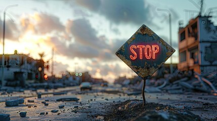 Behold the road sign 'STOP WAR' amidst destruction, a plea for humanity. Let's unite to build a world free from conflict and violence - obrazy, fototapety, plakaty