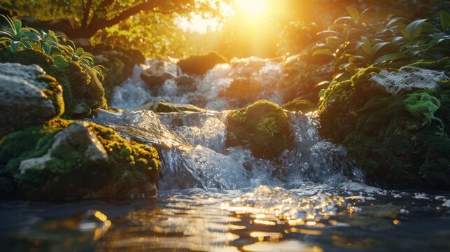 A stream of water cascades down moss-covered rocks in a vibrant green forest, creating a tranquil scene in nature. The water flows steadily, adding life to the lush surroundings.