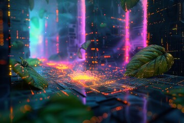 3D render, psychedelic neon cityscape melting and distorting, surreal virtual reality environment--sref https://cdn.midjourney.com/0f344256-44fe-4f46-9228-44e2af0cd773/0_0.webp - obrazy, fototapety, plakaty