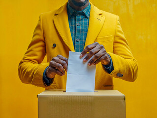 An African American male hand inserting a voting ballot into the ballot box