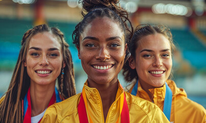 Close-up of three smiling female athletes on the podium