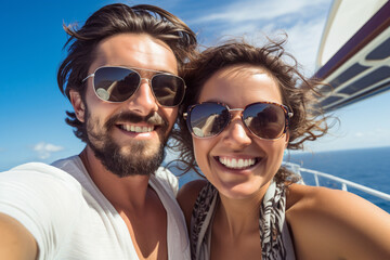 Young couple on vacations on yacht or cruise ship