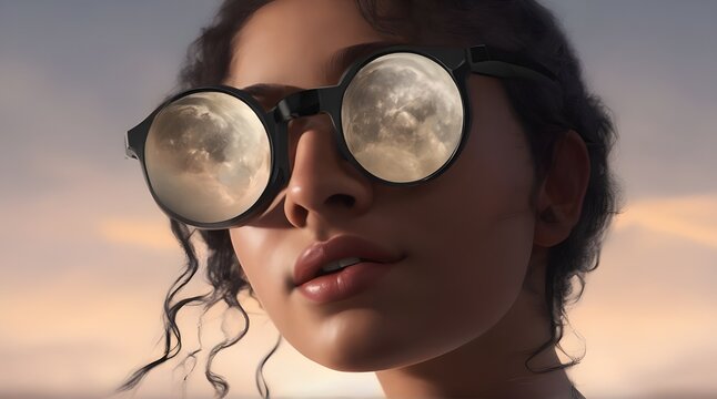 A total solar eclipse is reflected in the eyeglasses of a young woman in a 3-d illustration. Eclipse 2024 will require viewers to use eclipse glasses to protect their eyes. generative.ai