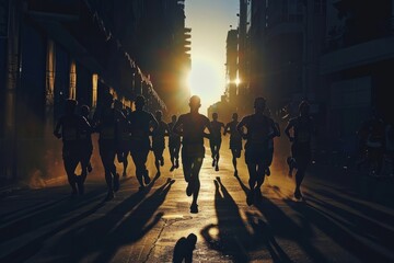 silhouette of a group of runners running together in the city
 - obrazy, fototapety, plakaty