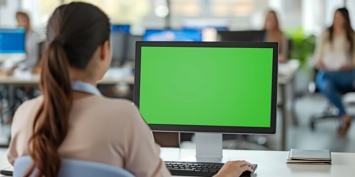 Over the Shoulder Creative Young Woman Sitting at Her Desk Using Desktop Computer with Mock-up Green Screen. In the background, 