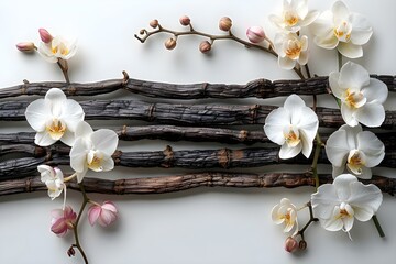 Elegant Vanilla Pods and Orchid Blooms Isolated on White. Concept Vanilla Pods, Orchid Blooms, White Background, Elegant Composition