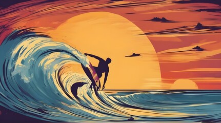 A male surfer is seen on his surf board on a graphic colorful design of a sunset over the ocean. This is a design for a surfing related logo or icon. generative.ai
 - obrazy, fototapety, plakaty