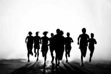 silhouette of a group of runners running together	
 - obrazy, fototapety, plakaty