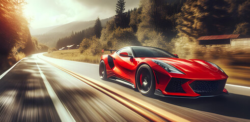 Unleashing Velocity: A Red Sports Car’s High-Speed Pursuit on Open Roads - obrazy, fototapety, plakaty