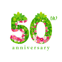 50th anniversary summer logo. Creative number 5 and 0 with green leaves and flowers. 3D elements. Cute floral background with vector clipping mask. Beautiful clipart. Holiday concept. Jubilee idea.