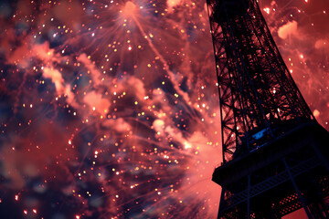 Captivating Eiffel Tower silhouette with vibrant fireworks, a symbolic celebration of Bastille Day in Paris, France, perfect for festive and patriotic themes. Copy space, vibrant colors