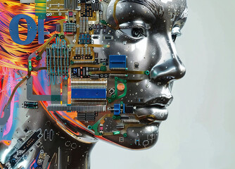 A close-up view of a womans face with a circuit board pattern overlaid, blending human features with technology. - 783296074