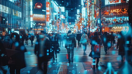 Crowd of Business People Tracked with Technology Walking on Busy Megapolis City Streets. CCTV AI Facial Recognition Big Data Analysis Interface Scanning, Showing Important Personal Information.