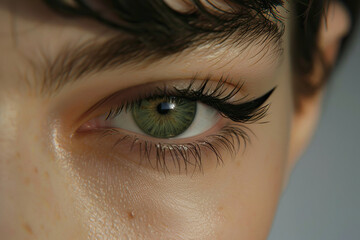 Detailed close-up of a single green eye, showcasing intricate details of the iris and surrounding skin. - 783296419