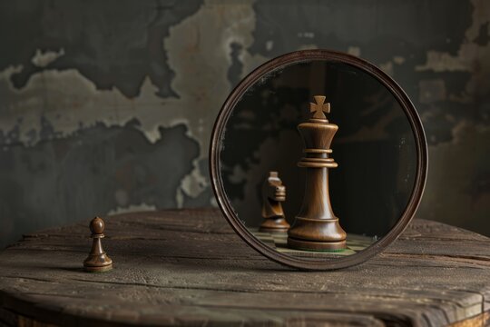 A solitary chess king piece is reflected in a round mirror, with a pawn in the background. Chess King Reflection in Circular Mirror