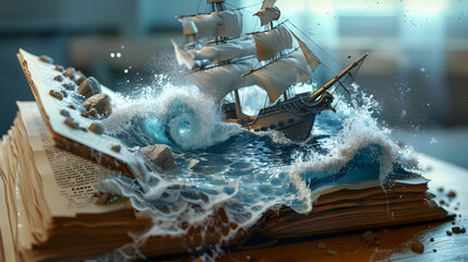 The power of books. A book comes to life at a public library, a child reads about old ships and adventures at sea. 