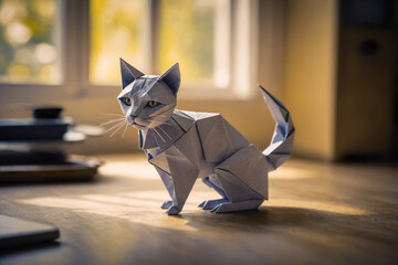 Adorable origami paper cat looking worried while standing on ground at home. Children's book illustration.