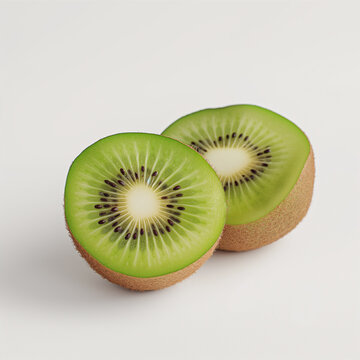 two kiwi fresh are cut in half on a white surface