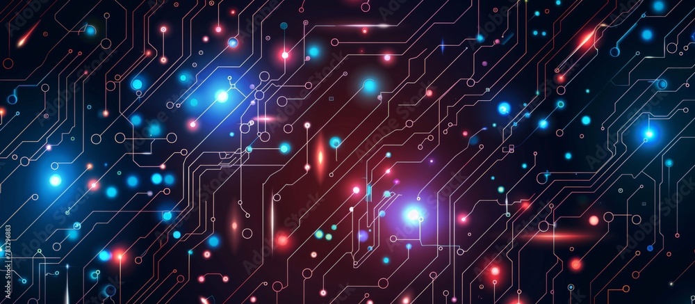 Poster computer motherboard filled with a variety of colored lights, indicating operations and functions