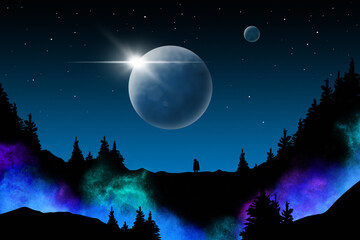 A man contemplating a planet in the starry sky