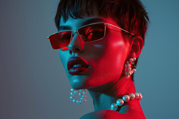 A woman wearing sunglasses and pearls around her neck, looking stylish and confident - 783296849